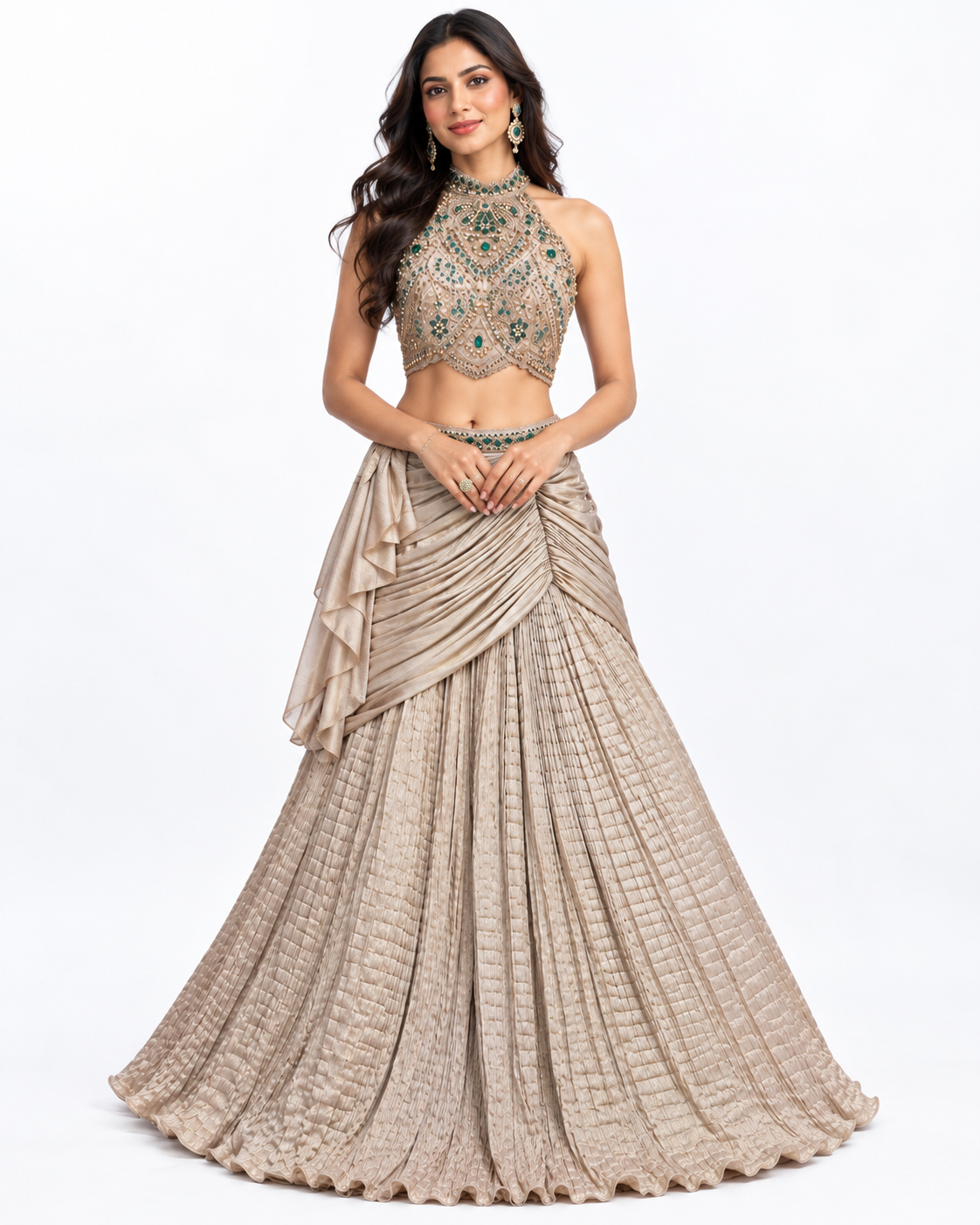 Embroidered Halter Crop Top Saree Set