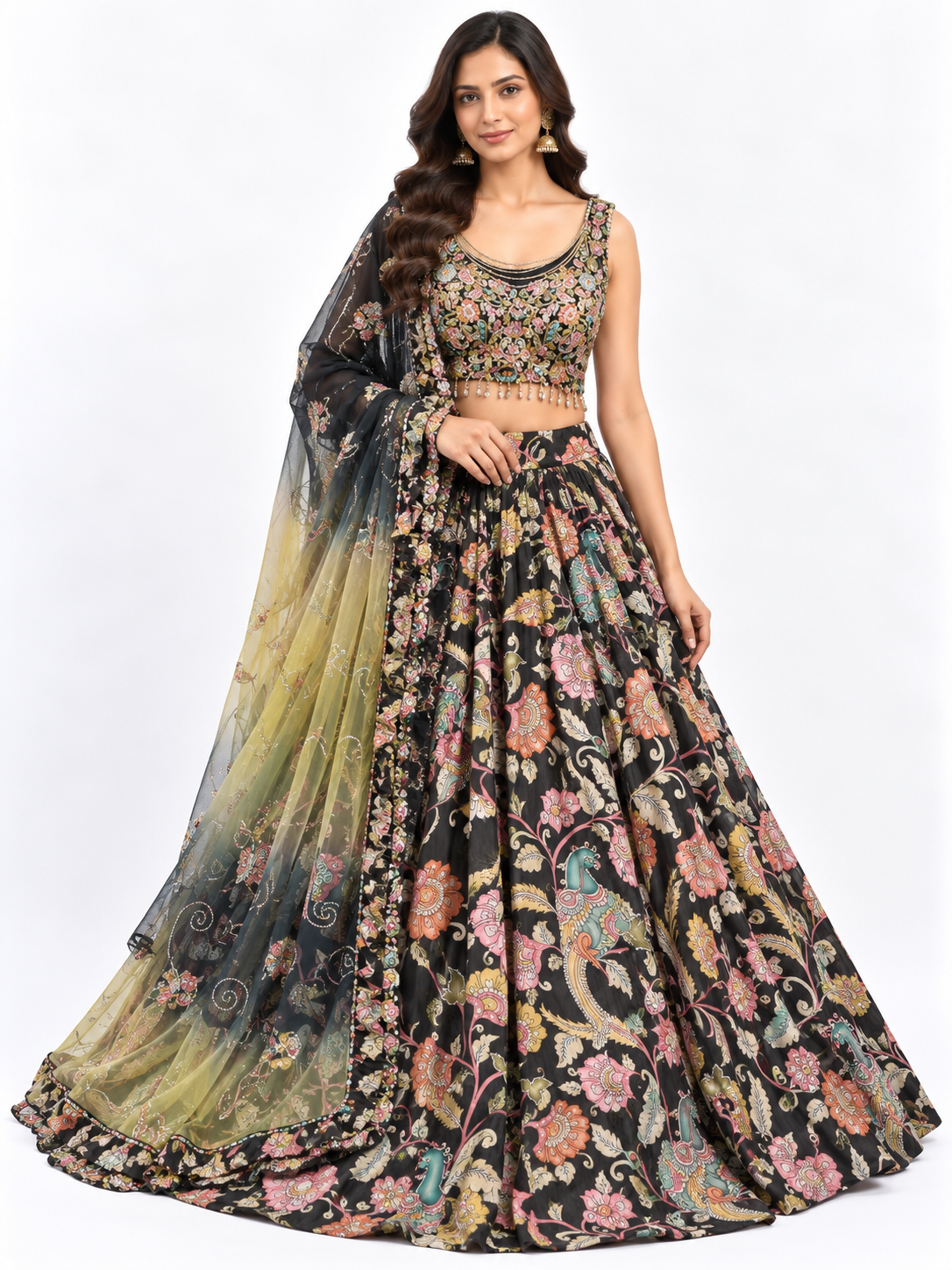 Black Multicolour Floral Printed Lehenga with Embroidered Blouse