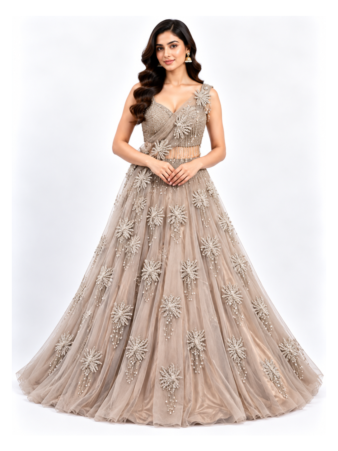 Peach Embellished Lehenga with Floral Draping