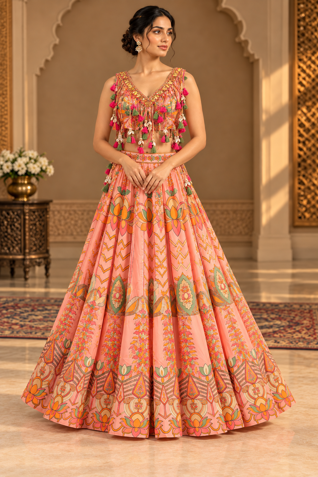 Peach Botanical Kalamkari-Print Kalidar Lehenga & Tassel-Fringe Bustier Set