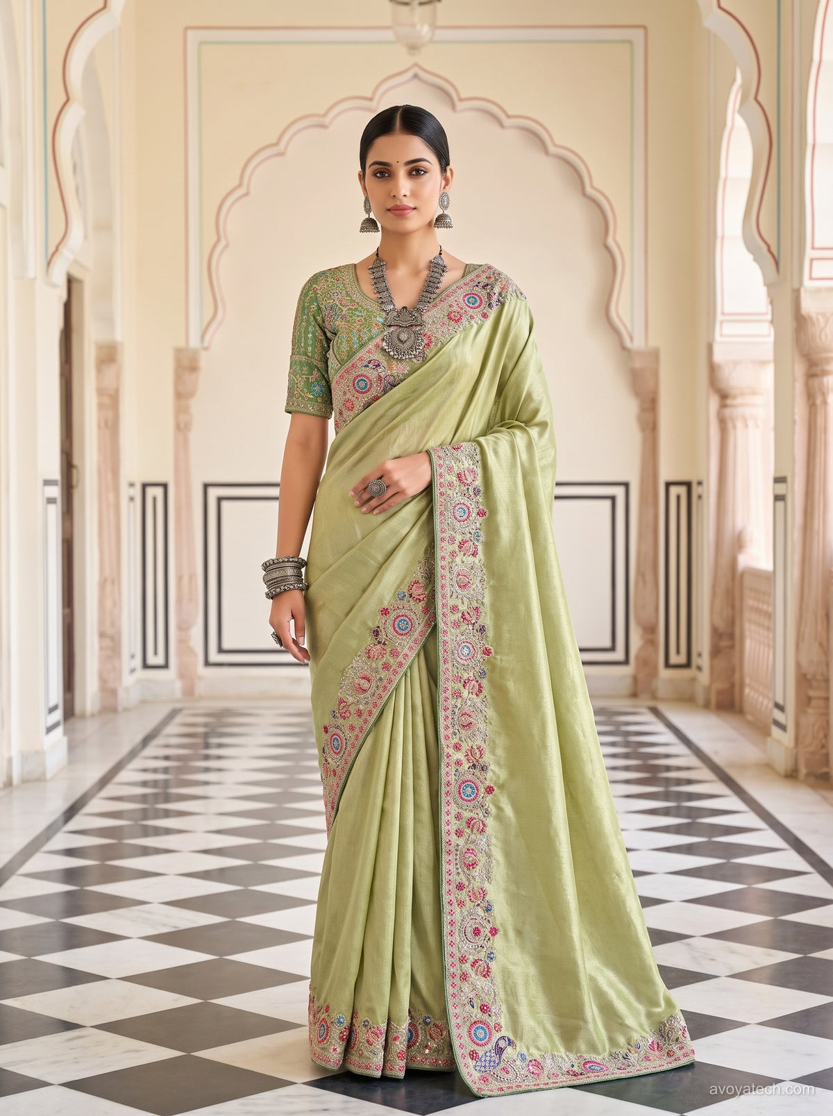 Elegant Pistachio Green Silk Saree with Embroidered Border Main image