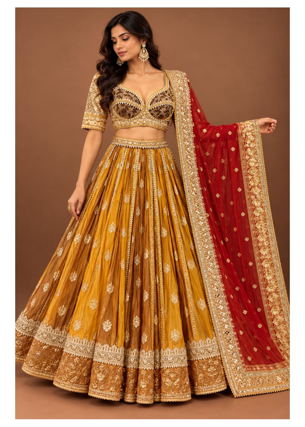 Mustard Gold Pleated Bridal Silk Lehenga
