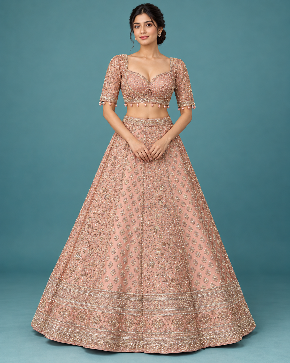 Peach Pink Handcrafted Embroidered Designer Lehenga