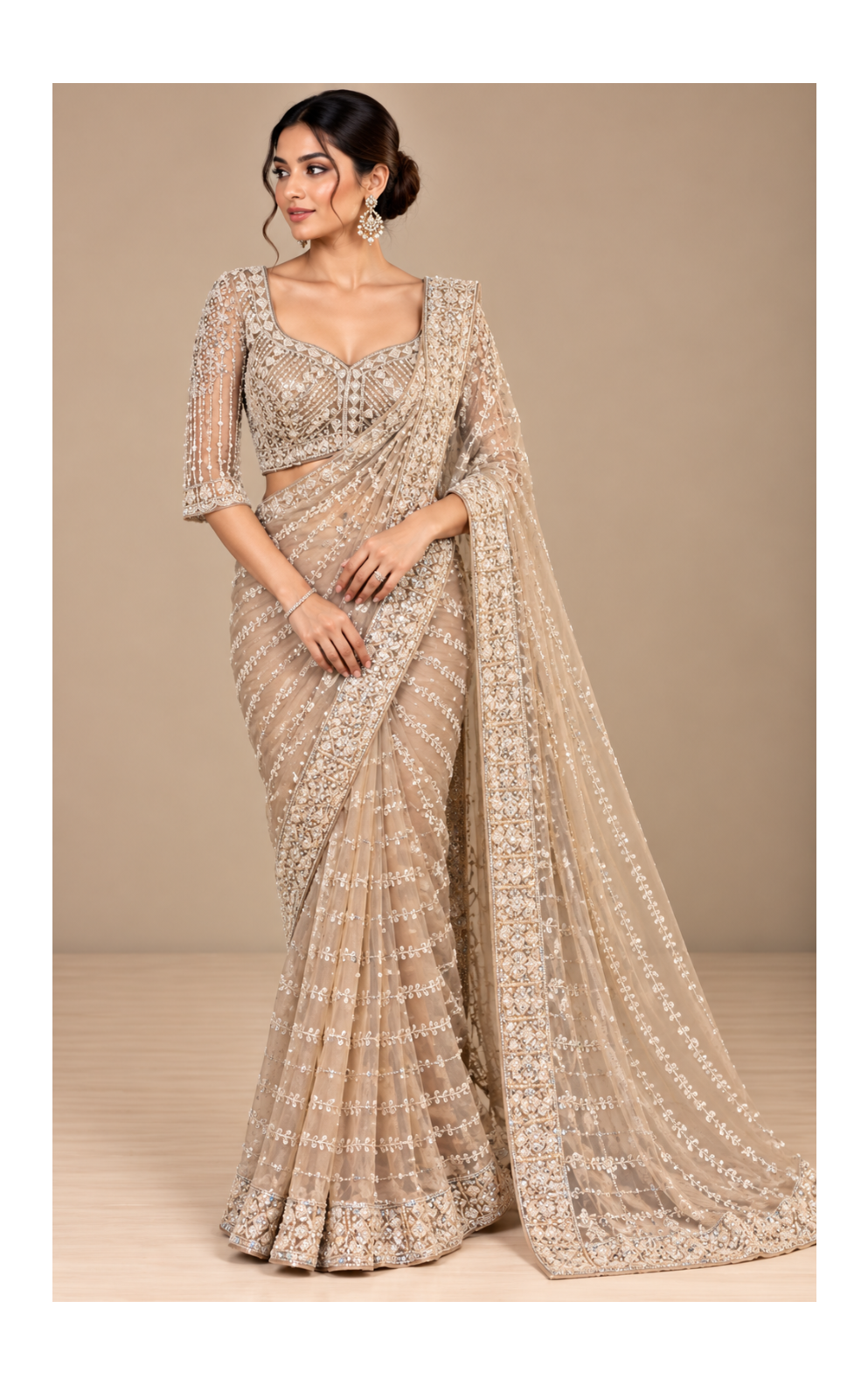 Champagne Beige Embroidered Net Saree