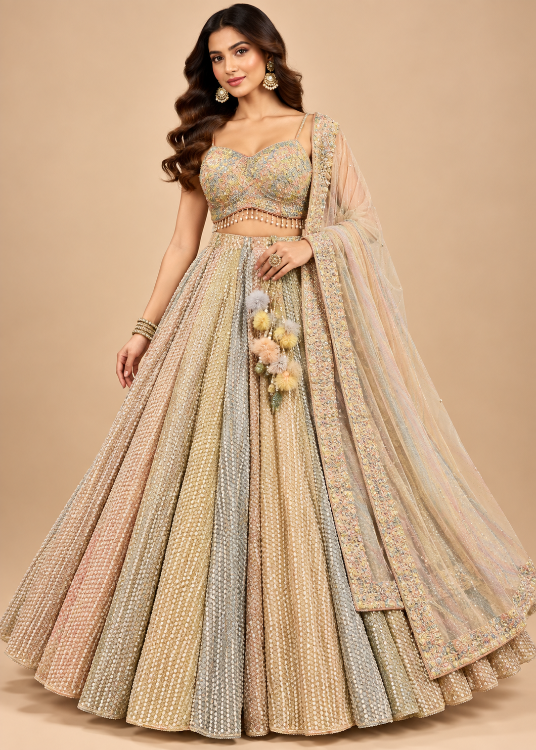 Multi-Pastel Ombré Sequin Embroidered Bridal Lehenga Set Main image