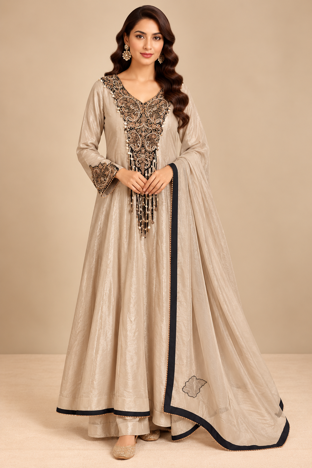 Champagne Beige Hand-Embroidered Tissue Silk Kalidar Kurta & Palazzo Pant Set with Dupatta