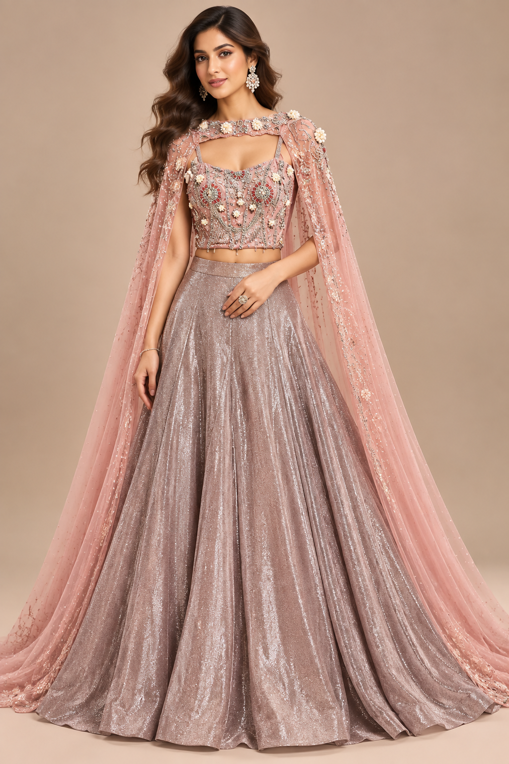 Dusty Rose-Pink Shimmer Cape Lehenga Set