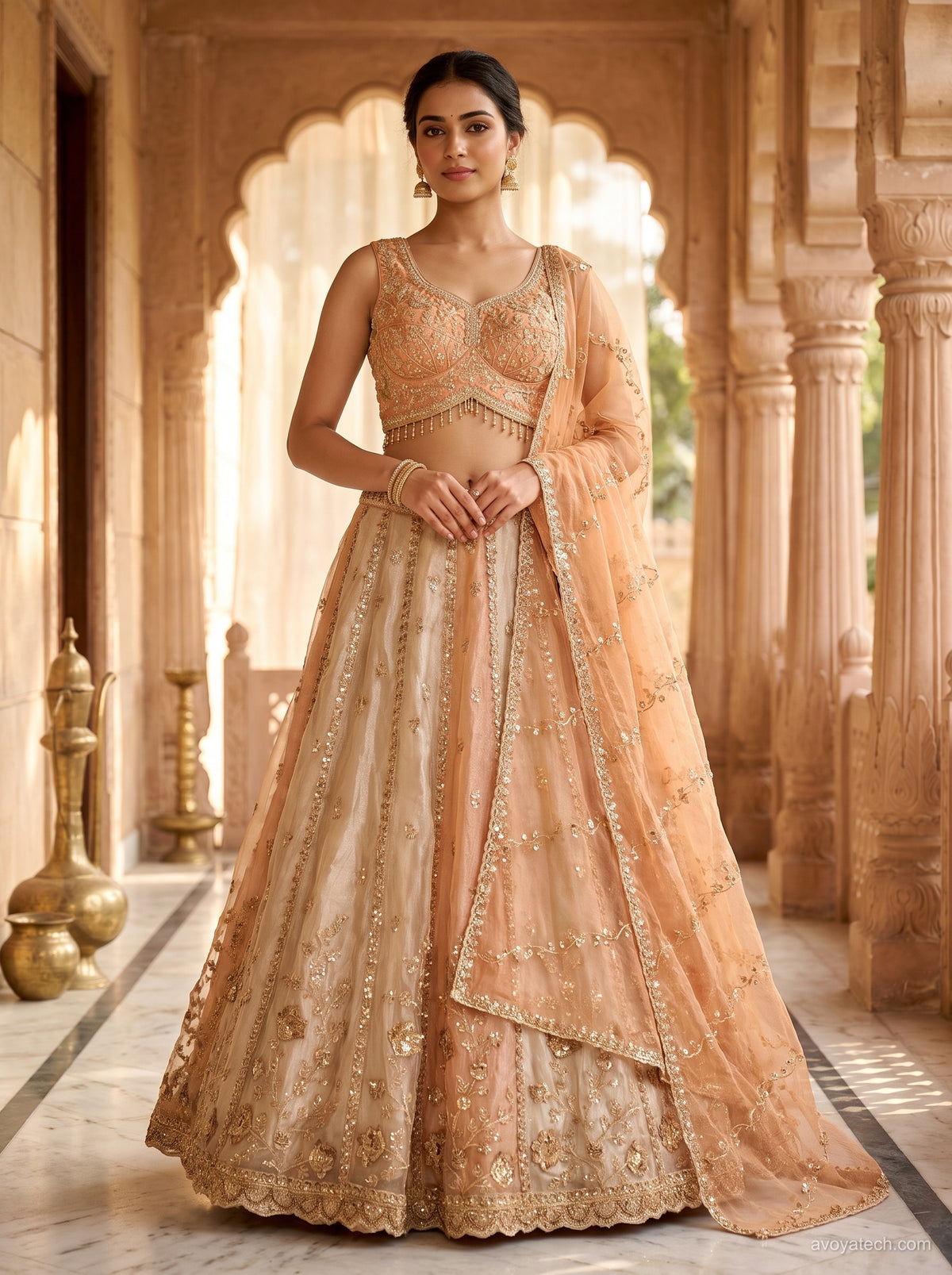 Peach & Champagne Gold Sequin Embroidered Net Lehenga Set