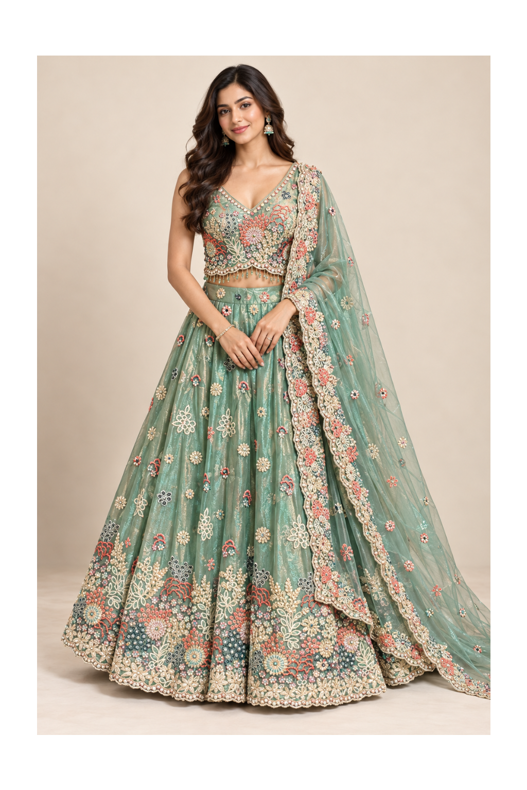 Seafoam-Mint Floral Threadwork Embroidered Lehenga, Bustier
