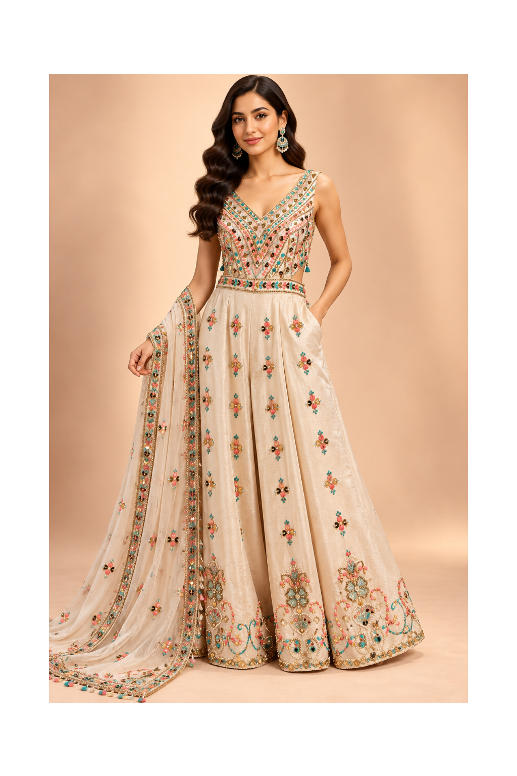 Champagne-Ivory Silk Embroidered Flared Jumpsuit Main image