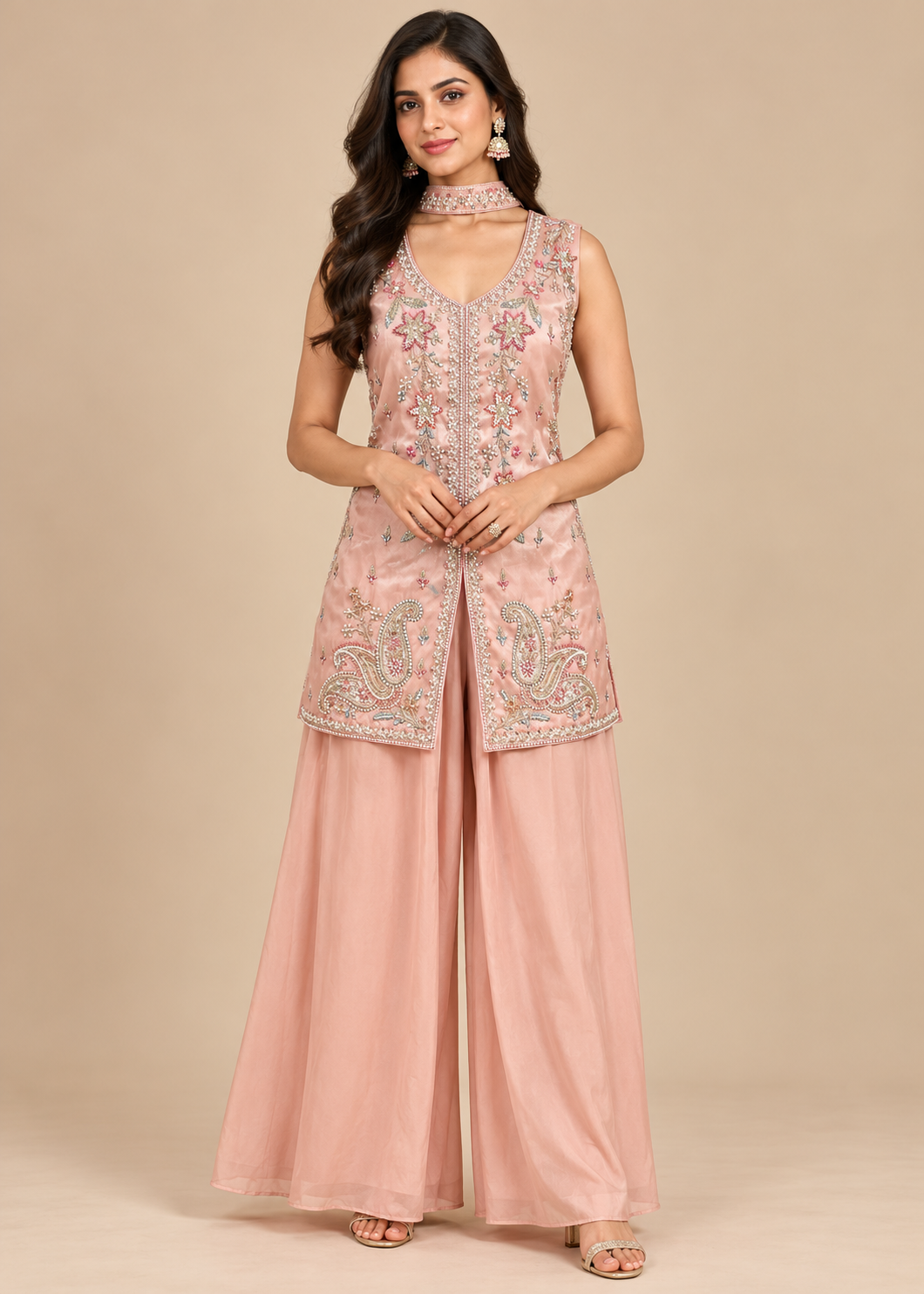 Blush Pink Embellished Sleeveless Sharara Set
