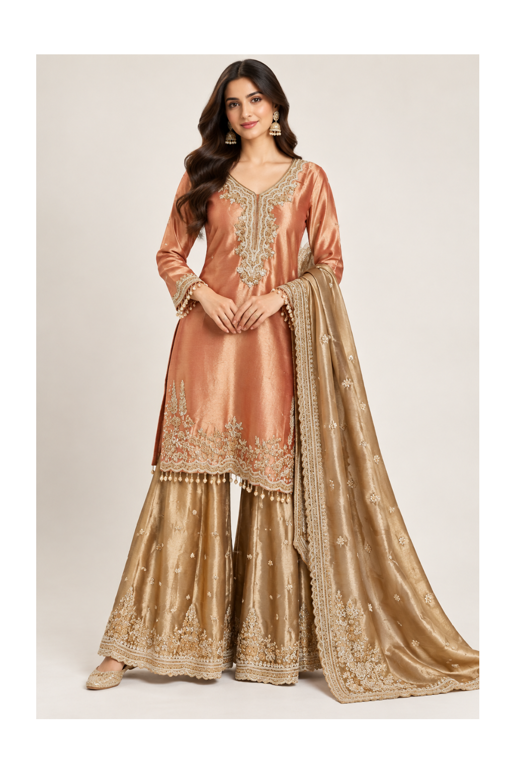 Dusty-Peach Tissue-Silk Embroidered Kurti, Metallic Champagne-Gold Flared Sharara Main image