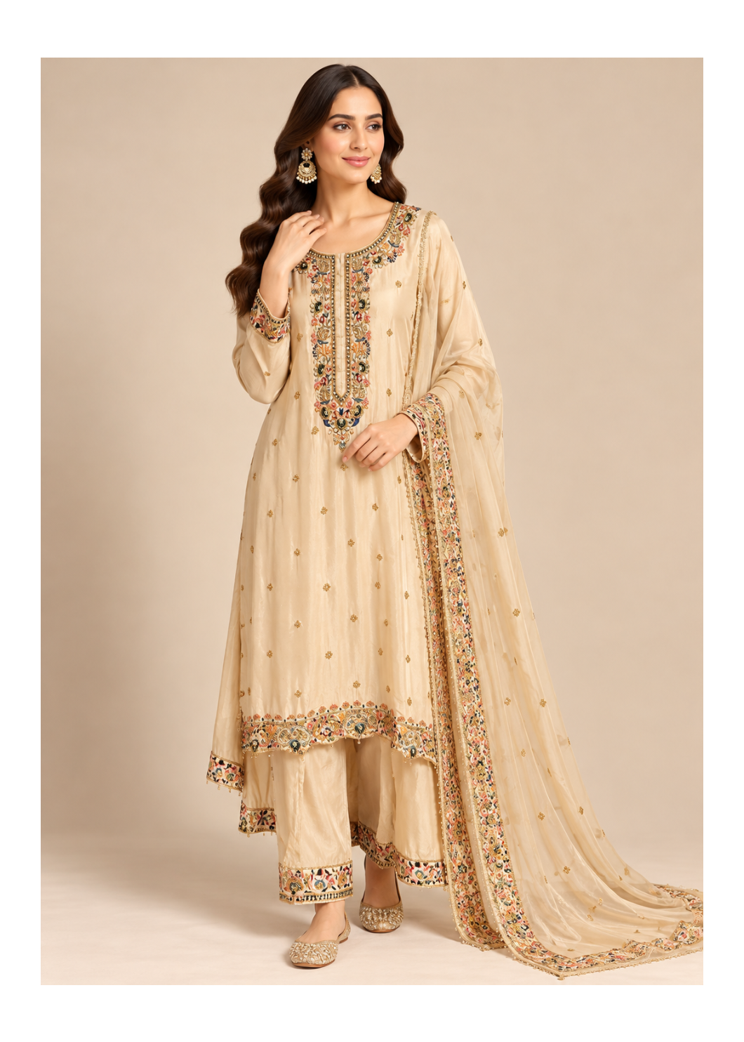 Ivory-Beige Silk Embroidered Long Kurti, Straight Pants