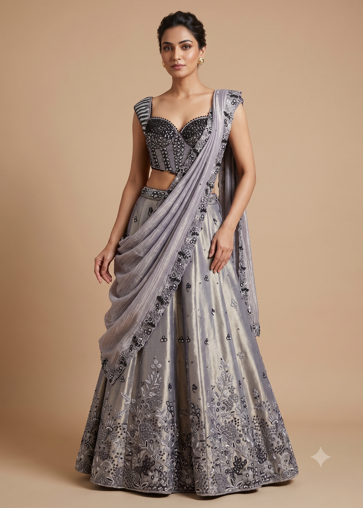 Lavender Grey Corset Draped Lehenga Main image