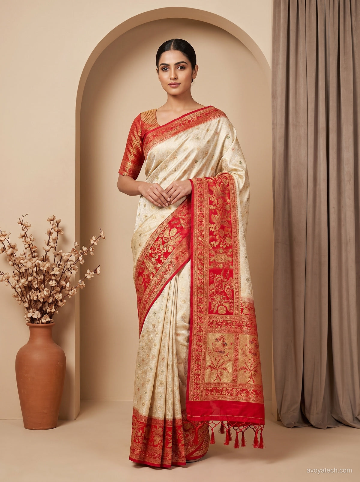 Off-White & Crimson Red Banarasi Silk Saree with Zari Floral Pallu