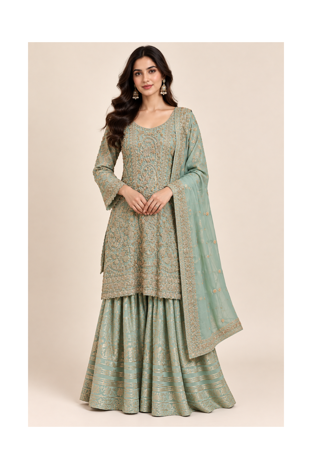 Sage Green Embroidered Kurti & Sharara Set