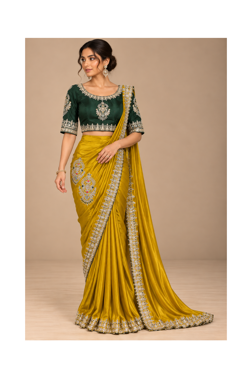 Mustard Gold Saree Fabric with Ornate Embroidered Motifs, Decorative Border and Contrasting Bottle Green Blouse
