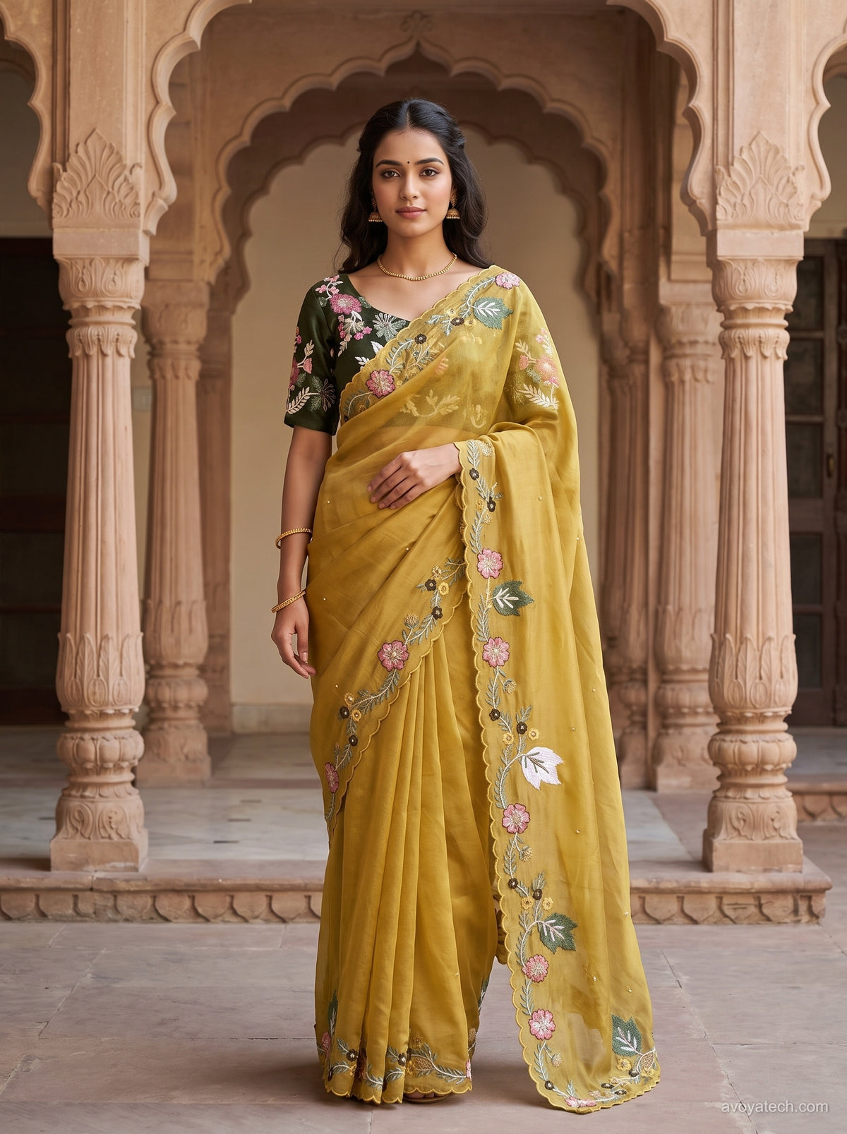Mustard Yellow Organza Saree with Floral Embroidery Main image