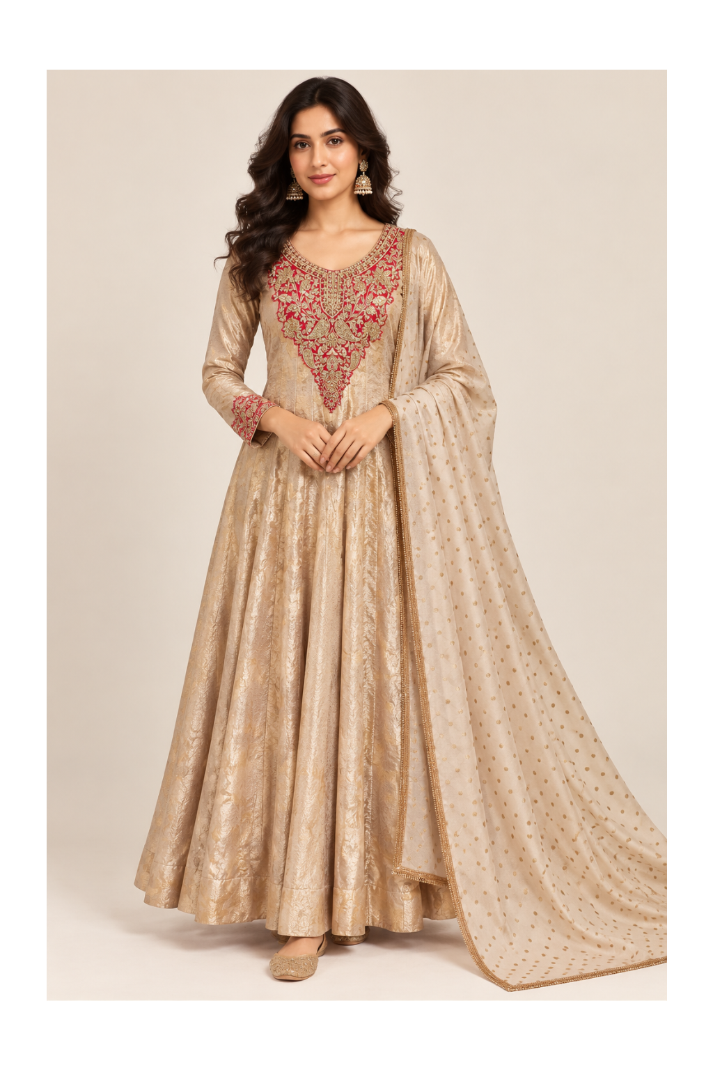 Beige-Gold Brocade Anarkali Gown