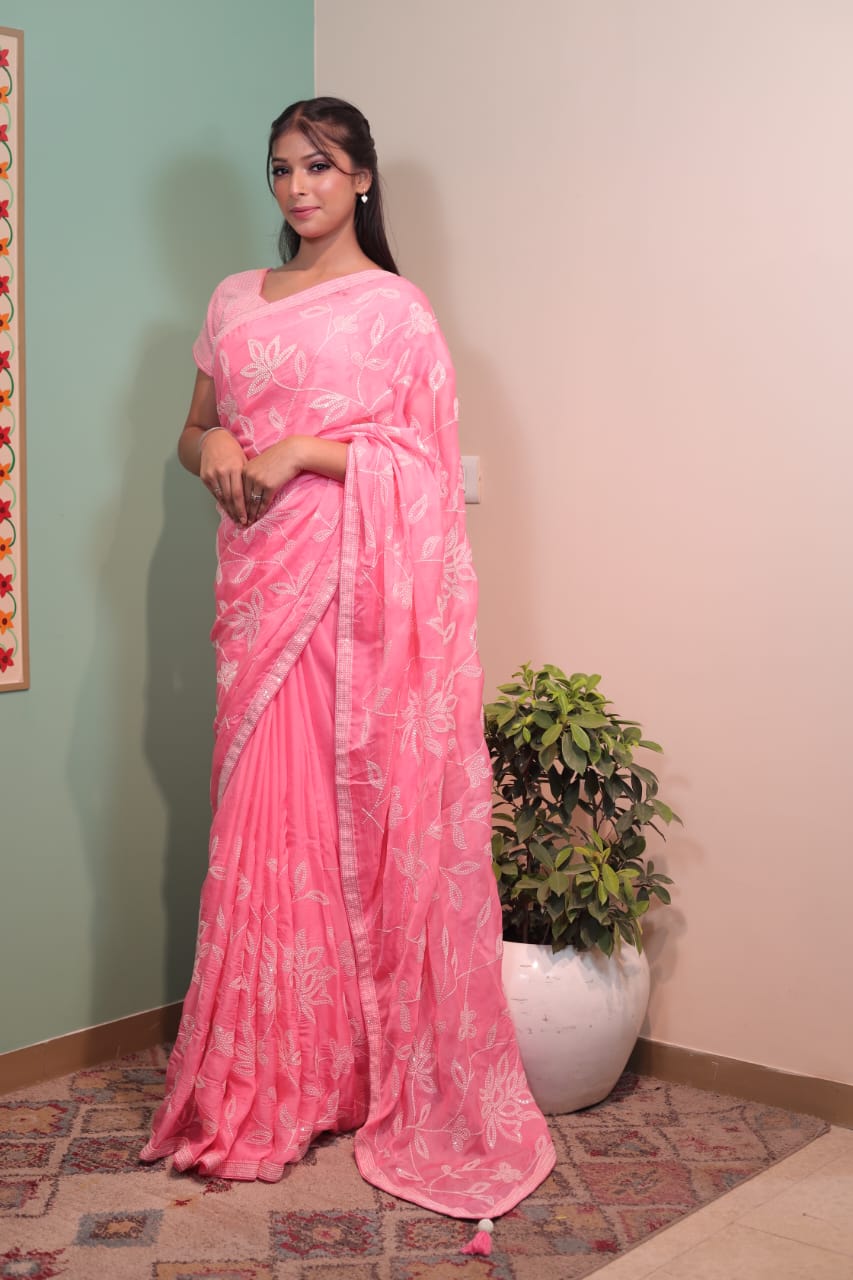 Graceful Pink Soft Organza Saree