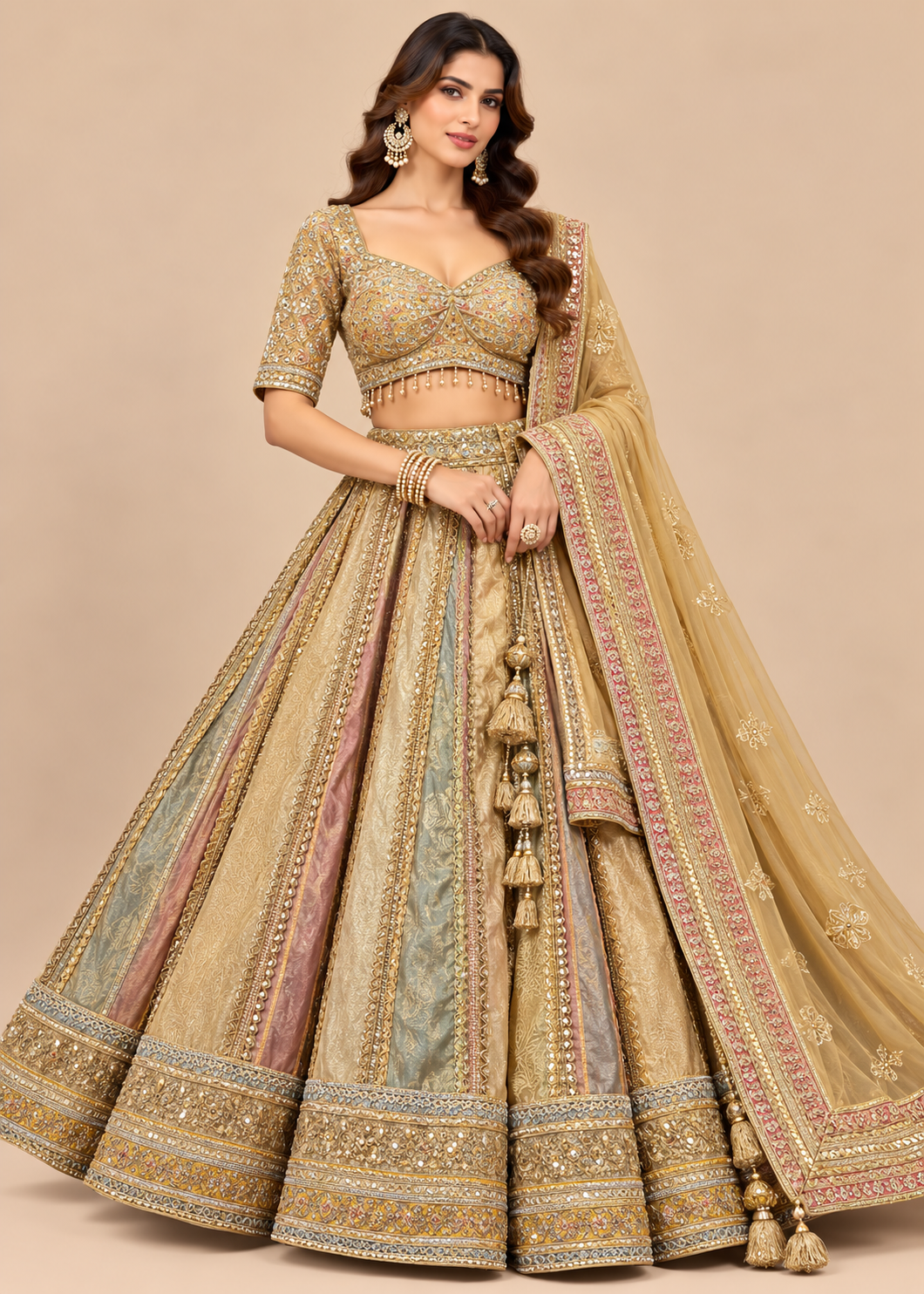 Metallic Gold Multi-Panel Embroidered Bridal Lehenga Set