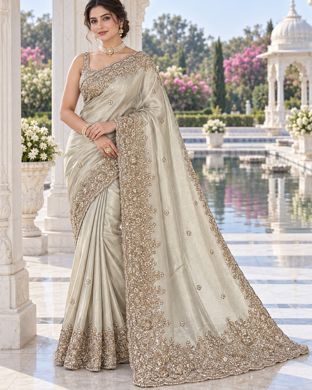 Champagne Silver Tissue Silk Saree with Heavy Gold Zardozi & Scalloped Cutwork Border