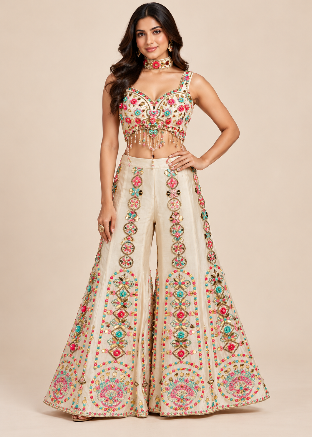 Ivory Silk Embroidered Sharara Bustier Set
