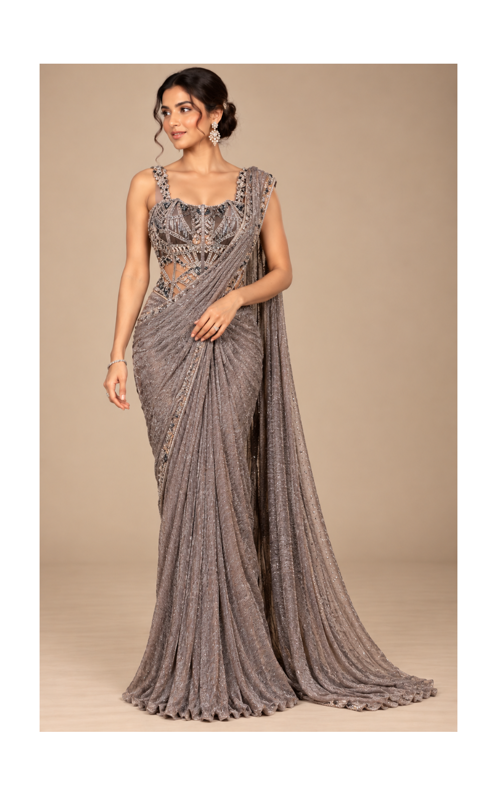 Taupe Shimmer Drape Saree with Geometric Embellished Blouse