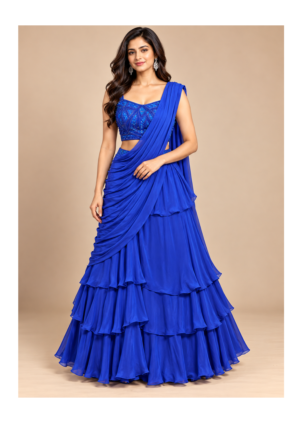 Royal Blue Draped Ruffle Lehenga Set
