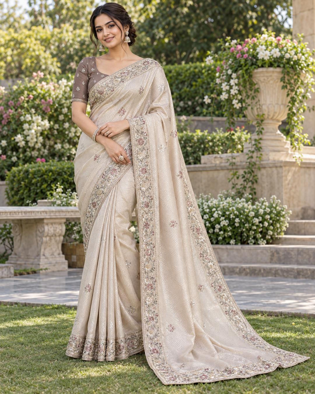 Ivory Silk Saree with Pastel Embroidered Border