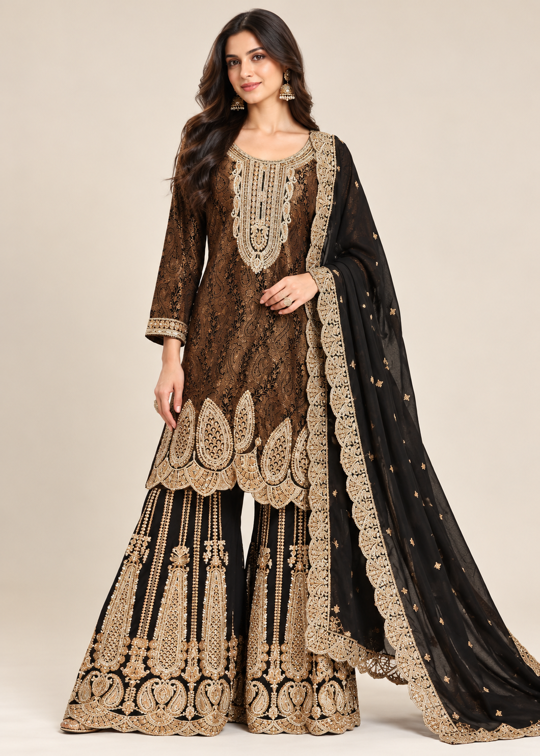 Antique Gold & Black Brocade Kurti, Flared Sharara