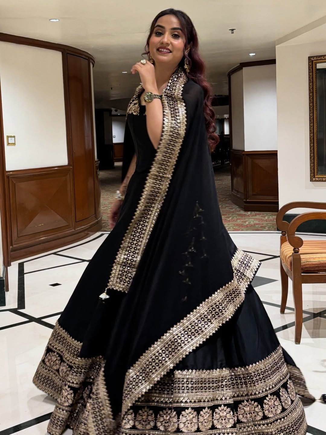 Jet Black Co-ord Style Lehenga Set with Gold-Embroidered