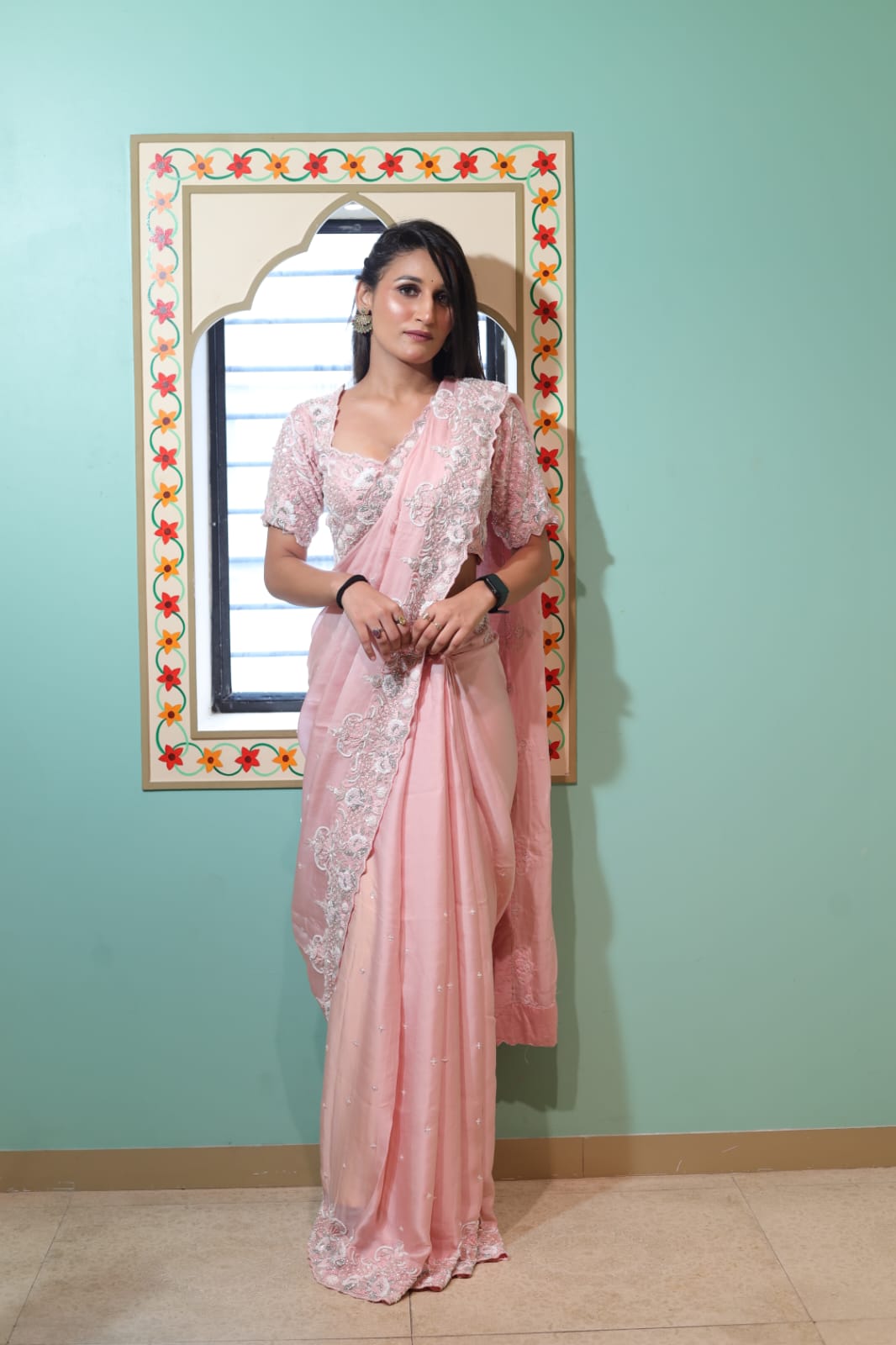 Elegant Pink Chiffon Saree with Exquisite Embroidery