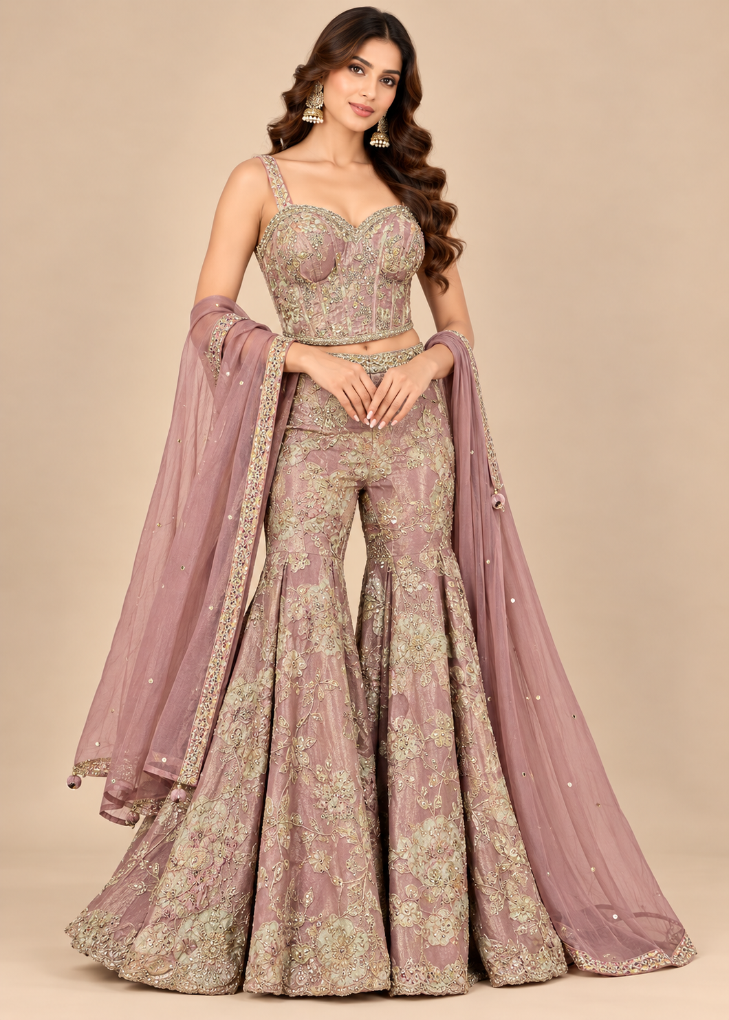 Mauve Embroidered Corset Sharara Set