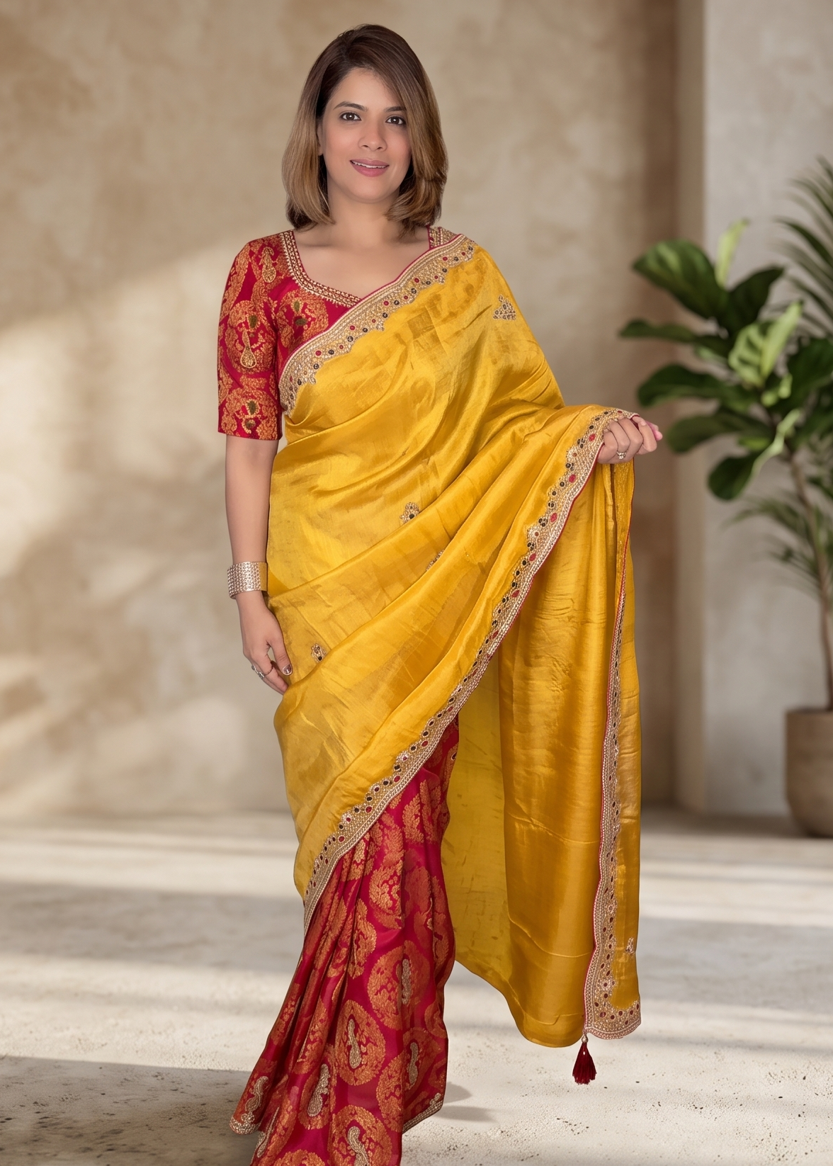 Mustard Yellow & Red Traditional Embroidered Saree