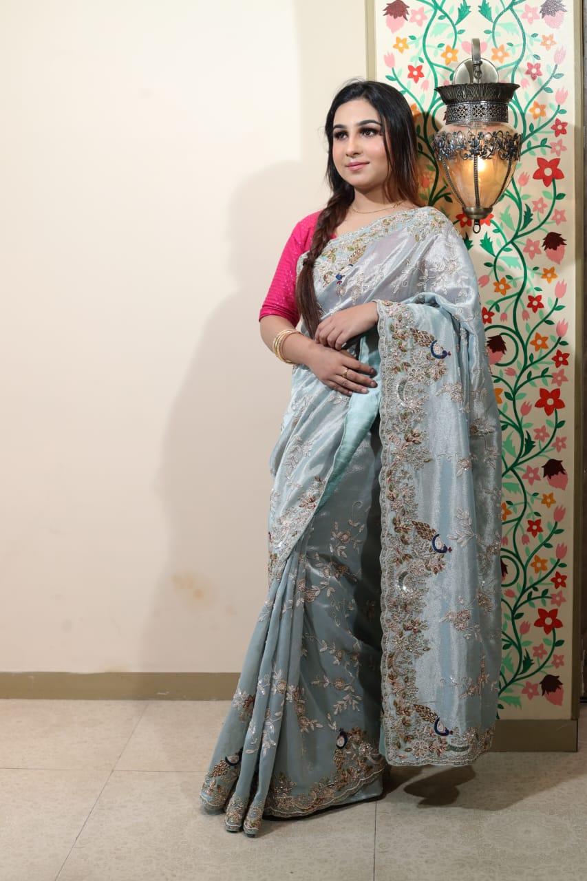 Exquisite Sky Blue Tissue Silk Saree with Intricate Embroidery