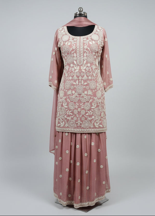 Shop Elegant Heavy Onion Pink Embroidered Kurti with Sharara Set for women