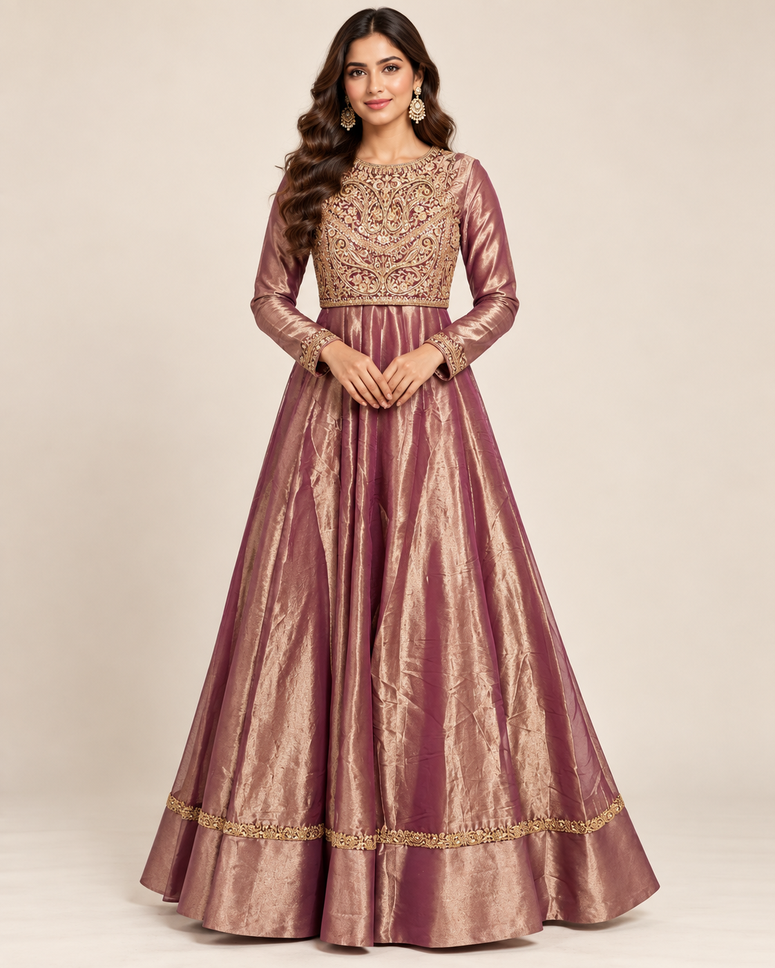 Mauve Plum Metallic Silk Flared Anarkali Gown