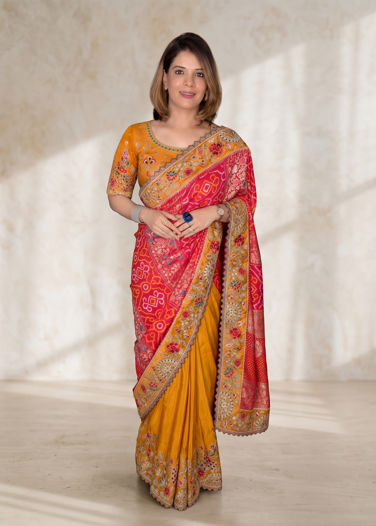 Mustard Yellow & Red Embroidered Saree