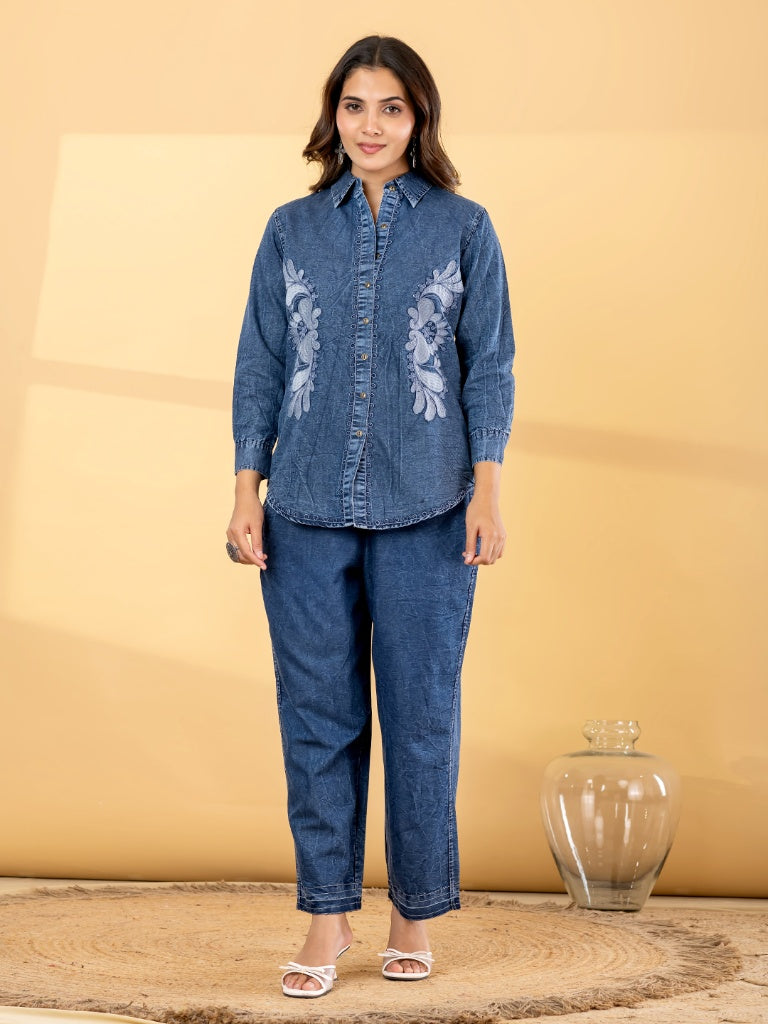 Indigo Denim Embroidered Shirt Kurti Set