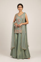 Sleeveless Embroidered Peplum Tunic Top & Palazzo Set with Dupatta