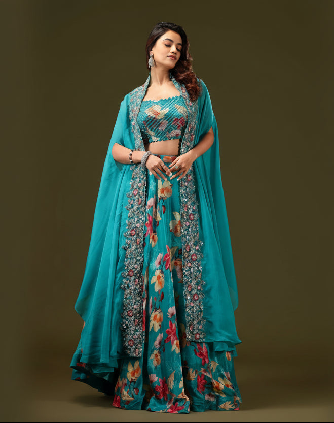 Floral Fusion Lehenga Set with Cape Shrug Main image