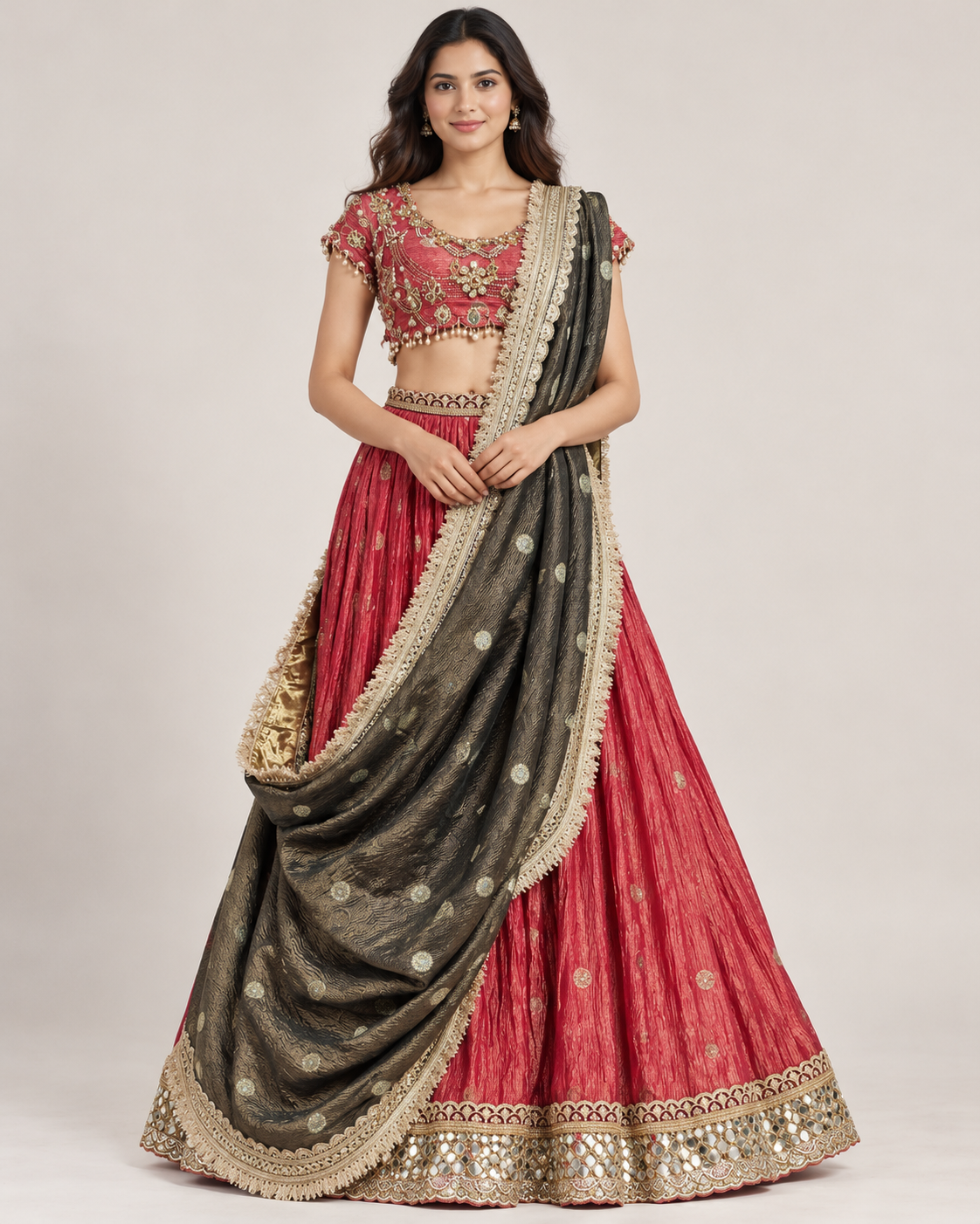 Red and Olive Green Embellished Lehenga