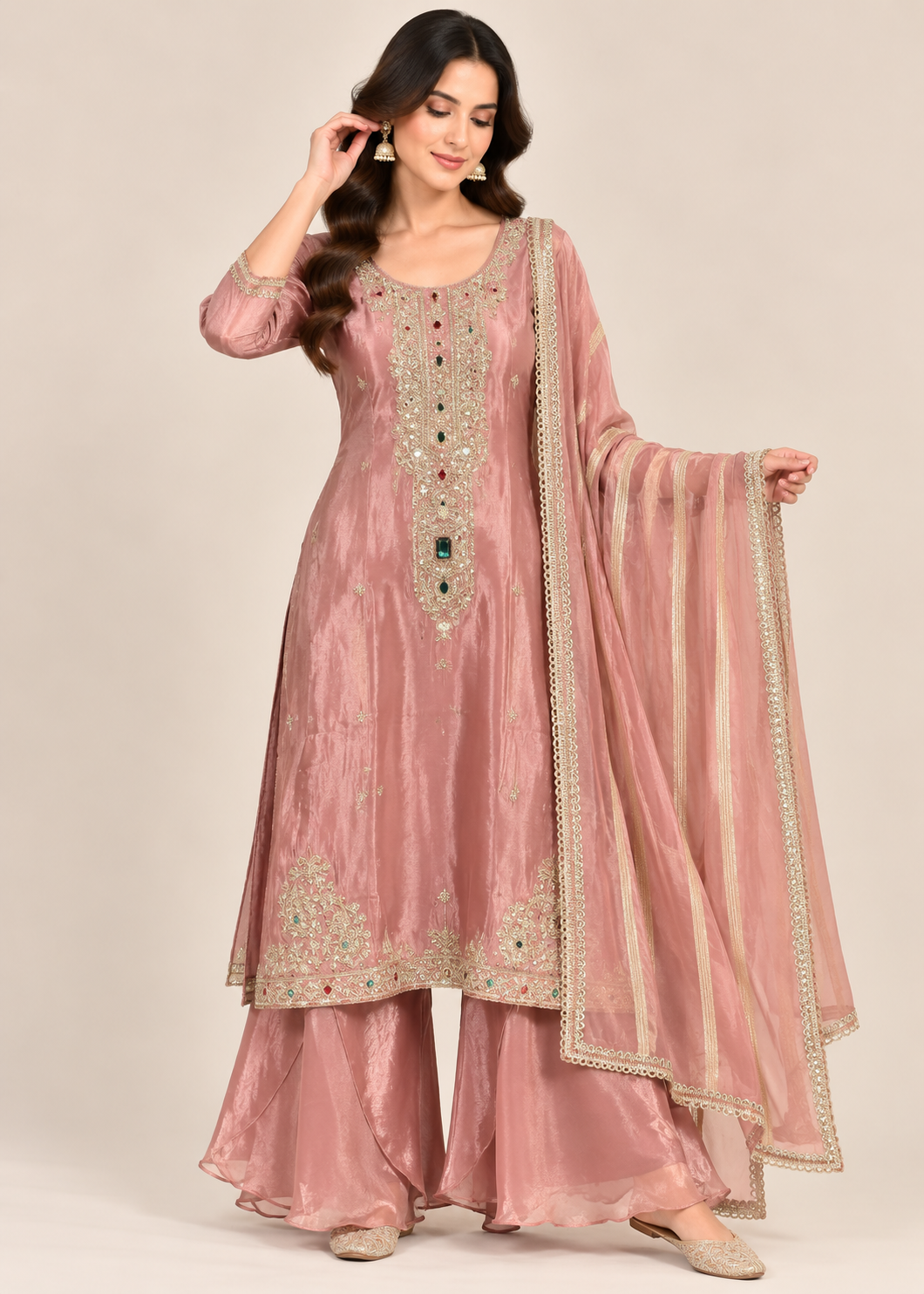 Dusty Rose Hand-Embellished Sharara Suit with Dupatta
