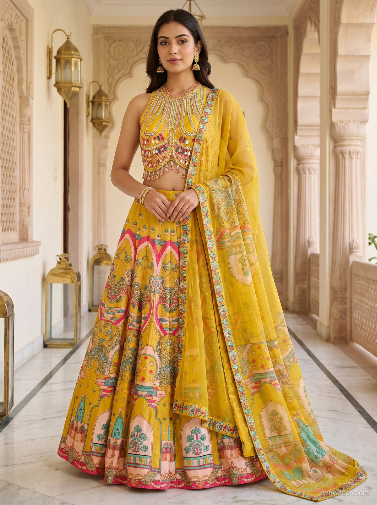 Mustard Yellow Architectural Print Lehenga Choli Set