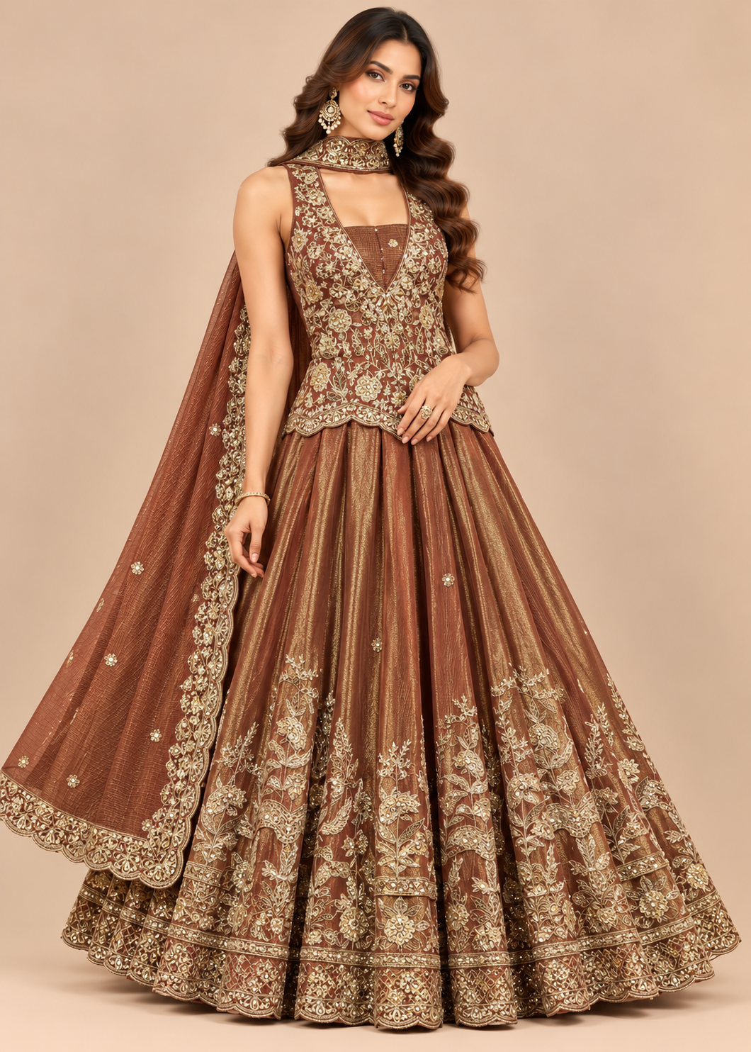 Bronze Tissue Embroidered Anarkali Set
