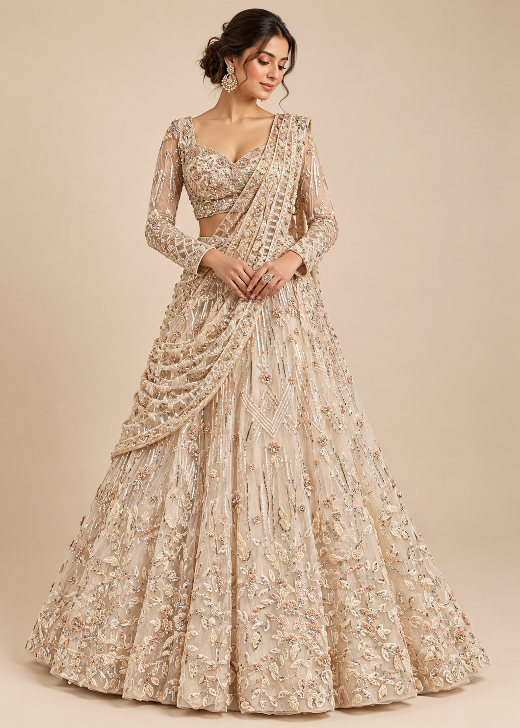 Champagne Pre-Draped Saree Bridal Lehenga Main image