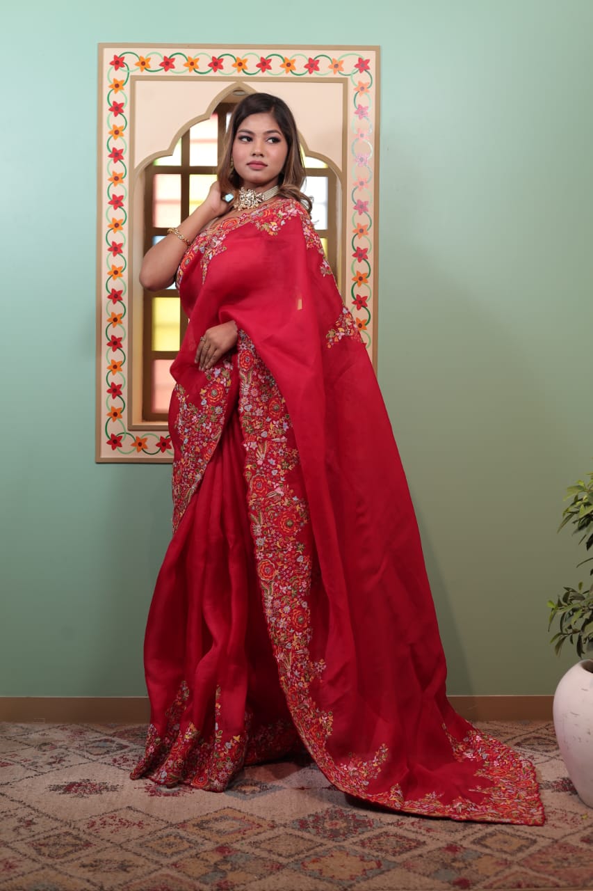 Luxurious Red Tissue Saree with Intricate Embroidery