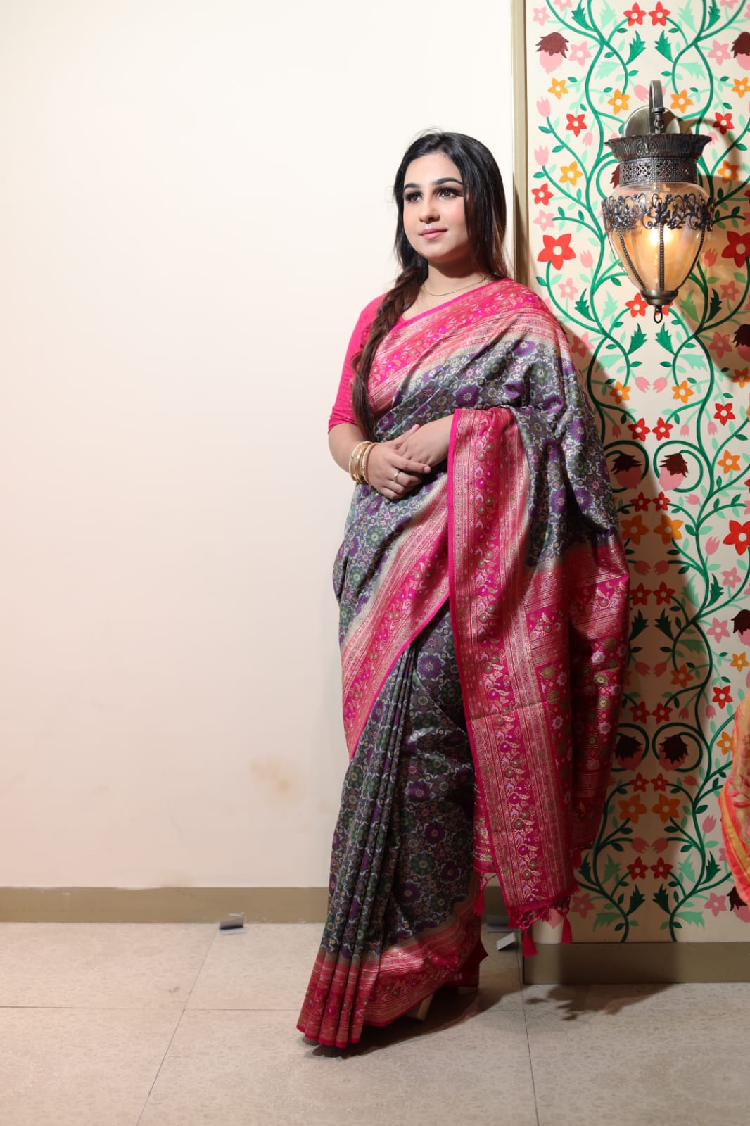 Dark Grey Banarasi Silk Saree with Pink Accents