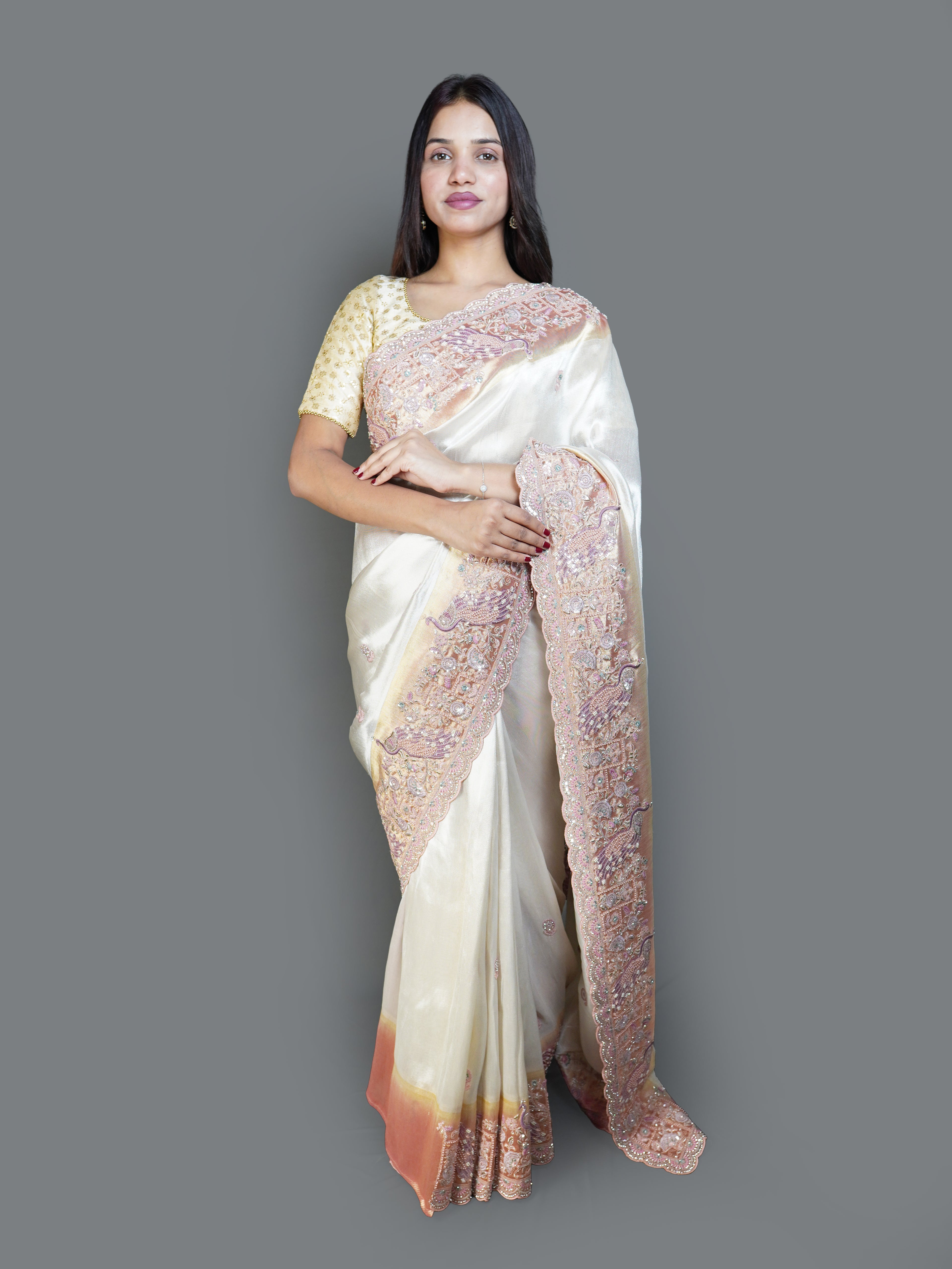 Shimmering Ivory Saree with Pastel Embroidered Border (UT-7140  GS-180)